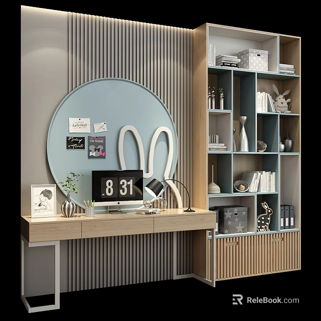 Modern Elegant Desk Setup With Round Mirror Bookshelf And Decorative Items 3d model