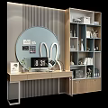 Modern Elegant Desk Setup With Round Mirror Bookshelf And Decorative Items 3d model