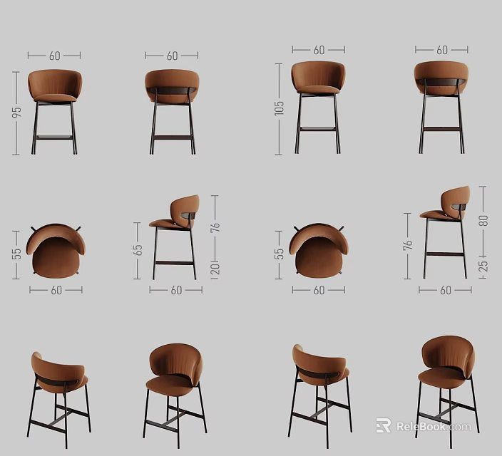 Bar Stools Shown in Multiple Views with Detailed Dimensions and Design Features 3d model