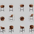 Bar Stools Shown in Multiple Views with Detailed Dimensions and Design Features 3d model
