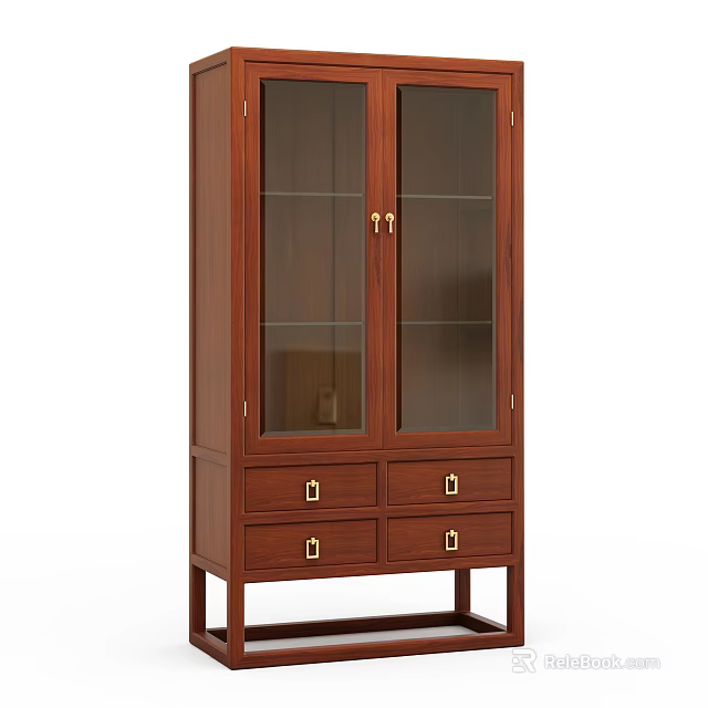 Wooden Entryway Console Side Cabinet With Glass Doors And Golden Handle Drawers 3d model 