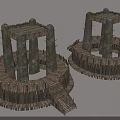 Ancient Circular Structures With Stone Pillars Wooden Fences And Platform Steps 3d model