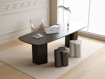 Modern Black Desk With Laptop Coffee Cup White Chair Window Plant And Rug 3d model