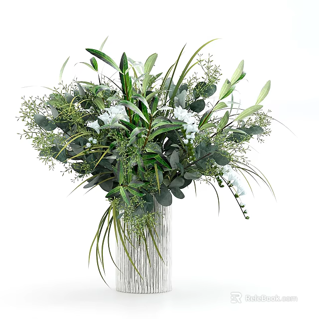 Fresh Floral Bouquet With Green Leaves White Flowers And Hanging Decorative Strings 3d model 