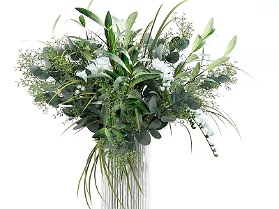 Fresh Floral Bouquet With Green Leaves White Flowers And Hanging Decorative Strings 3d model