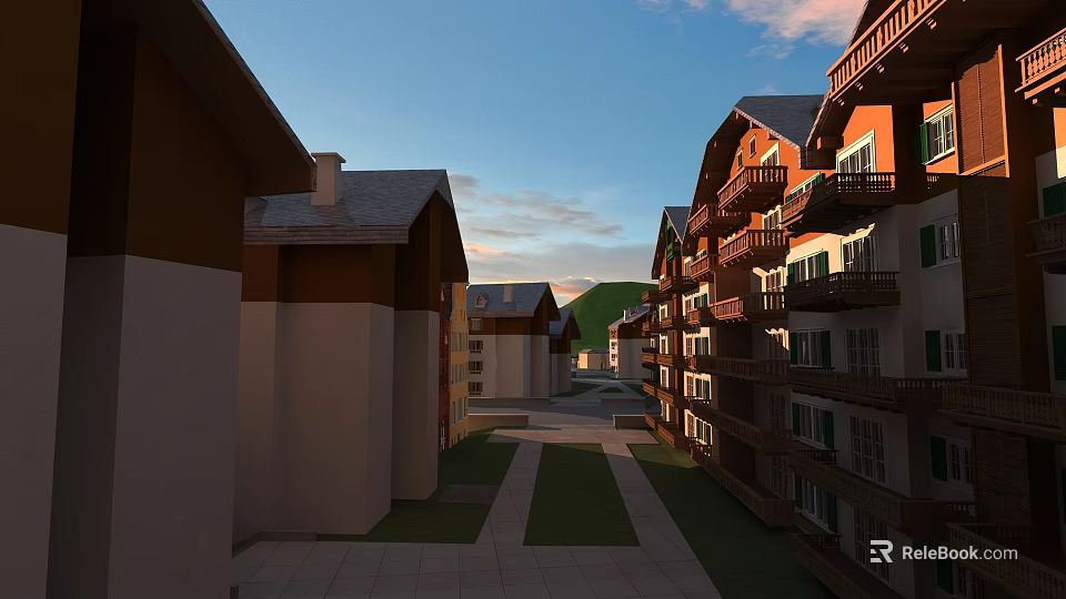 Neatly Arranged Modern Residential Buildings With Balconies And Green Lawns Along Street 3d model 
