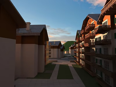 Neatly Arranged Modern Residential Buildings With Balconies And Green Lawns Along Street 3d model
