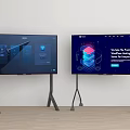 Modern Smart Televisions on Stands Displaying Interface Designs and Promotional Graphics 3d model