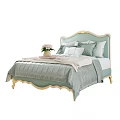 Elegant Double Bed With Carved Headboard Light Green Bedding And Decorative Pillows 3d model