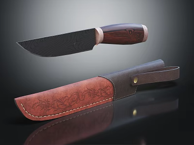 Handcrafted Damascus Steel Knife With Wooden Carved Handle And Leather Engraved Sheath 3d model