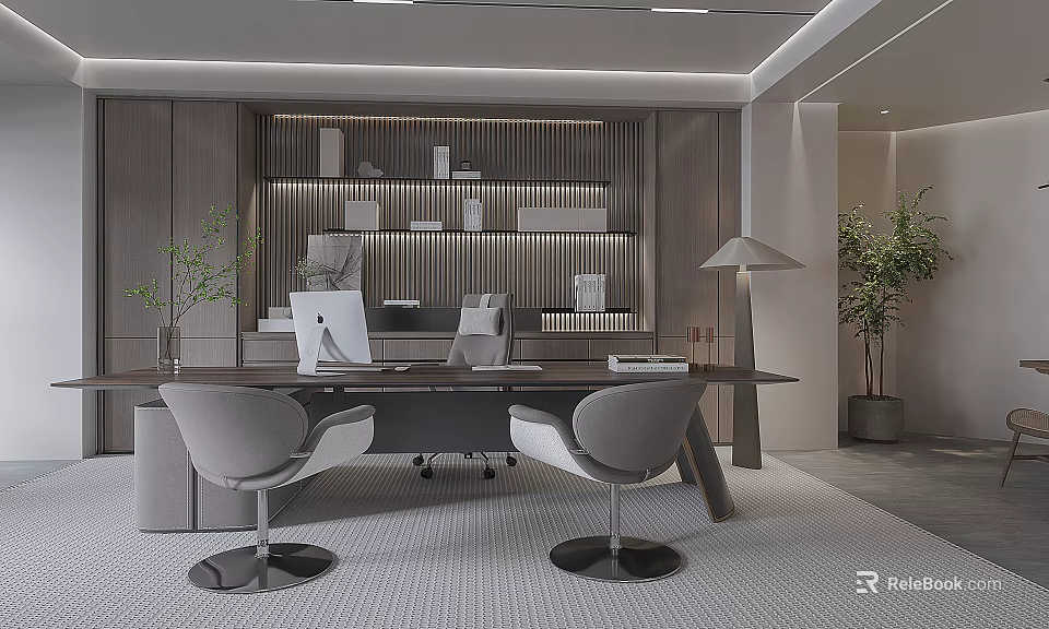 Modern Office Interior With Open Design Wooden Bookshelf Desk Computer Chairs And Table Lamp 3d model 