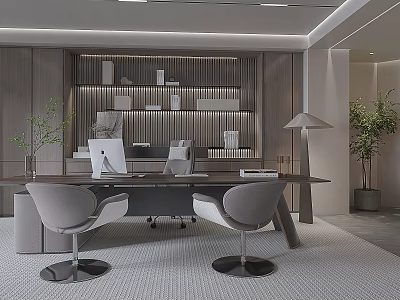 Modern Office Interior With Open Design Wooden Bookshelf Desk Computer Chairs And Table Lamp 3d model