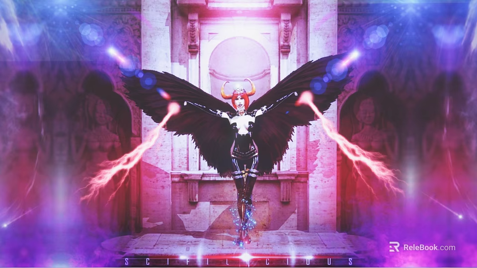 Red Haired Game Movie Character With Black Wings Glowing Energy In Ancient Architecture 3d model 