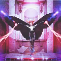 Red Haired Game Movie Character With Black Wings Glowing Energy In Ancient Architecture