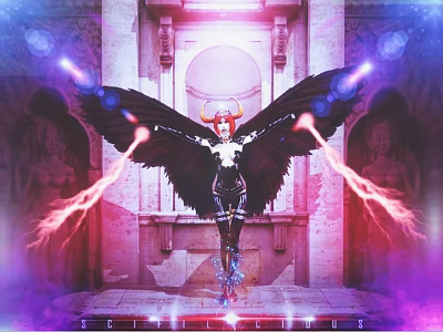 Red Haired Game Movie Character With Black Wings Glowing Energy In Ancient Architecture 3d model