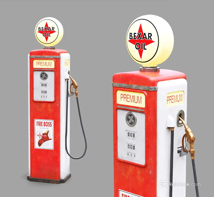 Vintage Public Gas Pumps with BEXAR OIL Red White Design and Premium Fuel Nozzles 3d model 