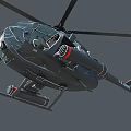 Black Helicopter with Transparent Cockpit Brown Seats and Red Mounted Equipment