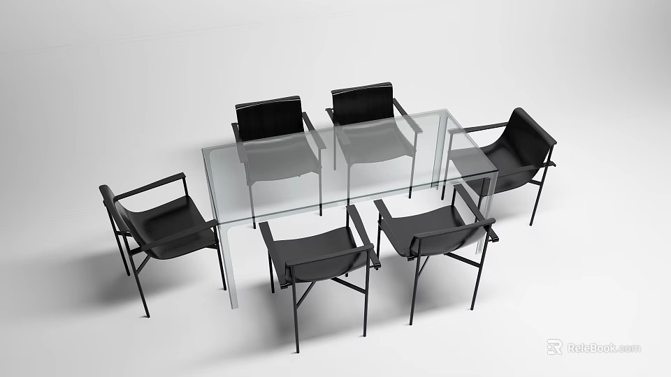 Modern Dining Table Set With Glass Top And Six Black Chairs 3d model 