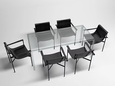 Modern Dining Table Set With Glass Top And Six Black Chairs 3d model