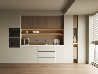 Elegant Modern Sideboard Interior With Wooden White Finish LED Lighting And Storage Cabinets 3d model