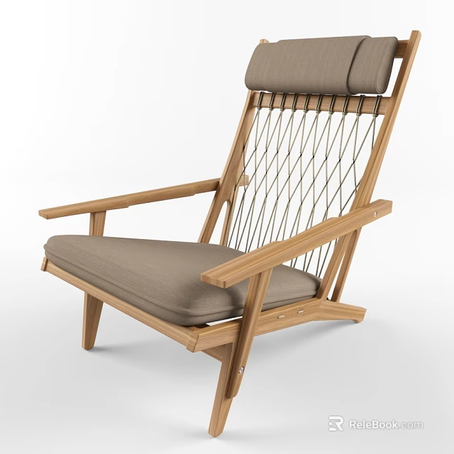 Natural Wooden Lounge Chair With Woven Backrest And Gray Cushion Design 3d model 