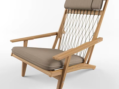 Natural Wooden Lounge Chair With Woven Backrest And Gray Cushion Design 3d model