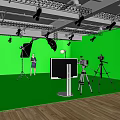 Modern Public Office Space With Green Walls Camera Tripods Lighting And Wooden Floor