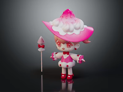Cute Pink Hat Cartoon Character With Red Eyes White Cream Decoration And Lollipop 3d model