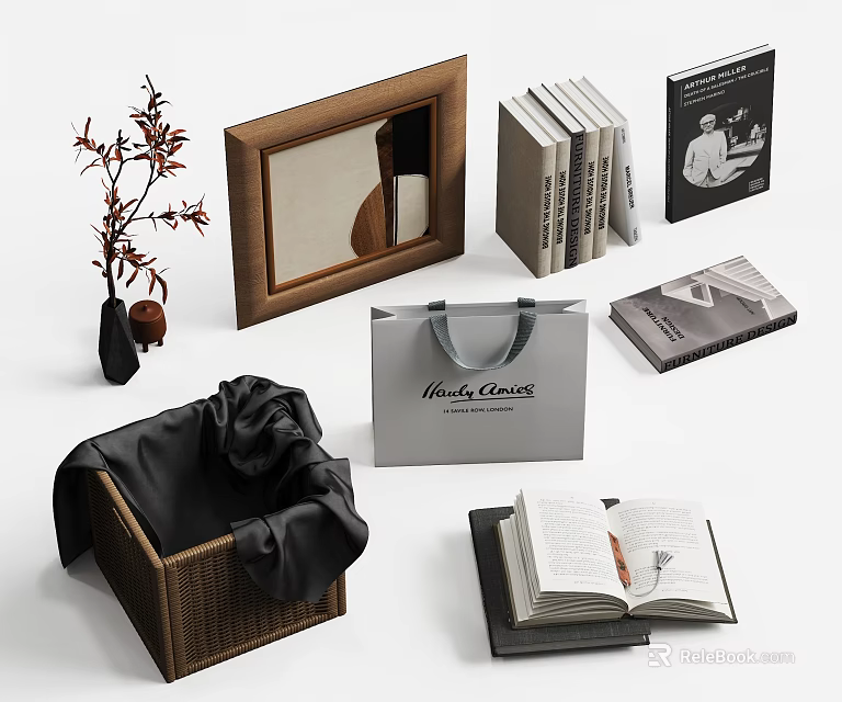 Modern Decorative Accessories Set With Twig Decoration Photo Frame Books Shopping Bag And Woven Basket 3d model 