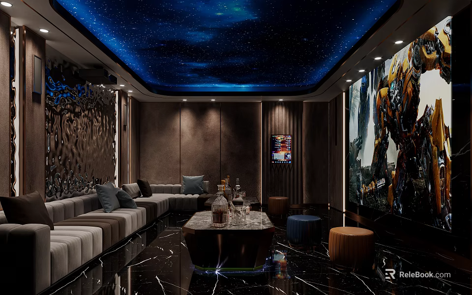 Stylish KTV Lounge with Starry Sky Ceiling Comfortable Sofa Coffee Table and Transformers Mural 3d model
