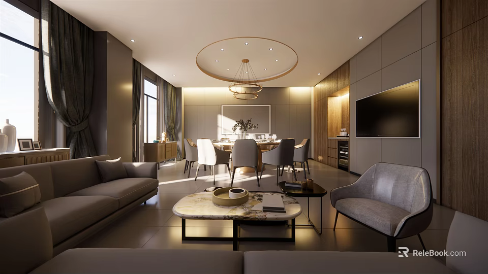 Modern Private Box Interior With Gray Sofa Coffee Table Dining Chairs And Chandelier 3d model