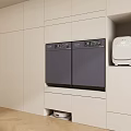 Wooden Kitchen Storage Cabinet With Open Shelves Holding Bottles And Appliances