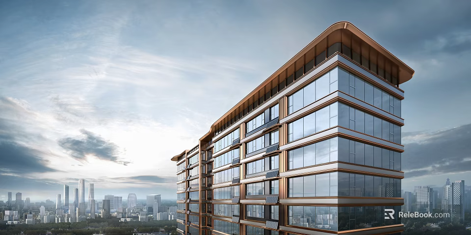 Modern High rise Building With Glass Curtain Wall And Urban Skyline View 3d model 