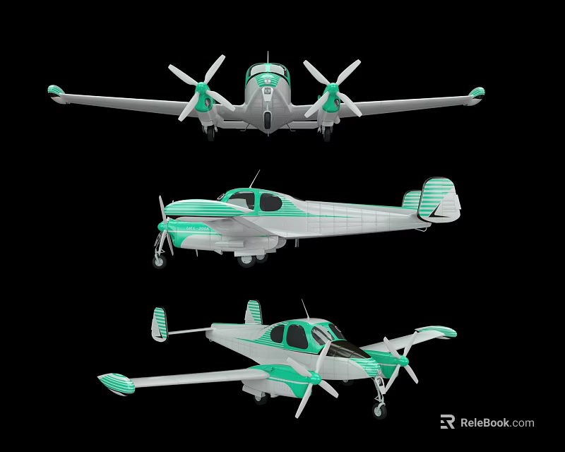 Three View Small Propeller Aircraft With Gray And Teal Color Design 3d model 