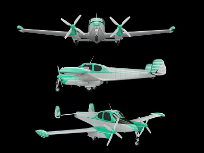 Three View Small Propeller Aircraft With Gray And Teal Color Design 3d model