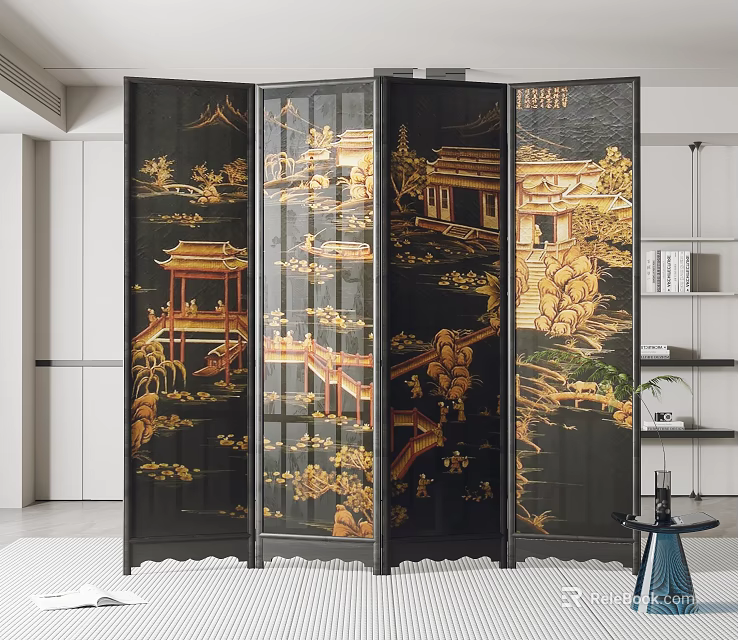 Oriental Folding Screen With Black Frame And Golden Traditional Landscape Patterns 3d model