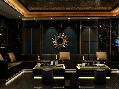 Modern Luxury KTV Room With Black Golden Decor Sofas Coffee Tables Mirror Light Strips 3d model