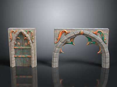 Ornate Architectural Decorations Featuring Arched Design Carved Patterns And Gray Stone With Orange Green Accents 3d model