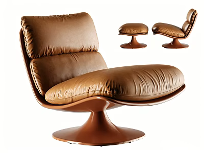 Brown Leather Leisure Chair With Curved Backrest Round Base And Matching Ottoman 3d model