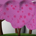Pink Heart Shaped Fluffy Trees with Brown Trunks on Green Grass and Pink Sky Background