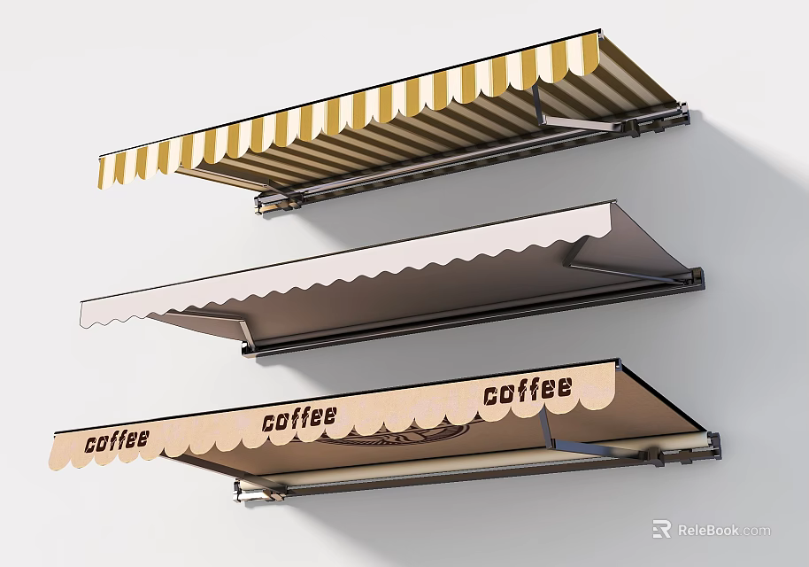 Outdoor Coffee Shop Awning With Yellow Stripes Beige Wave Edge And Coffee Print Design 3d model 