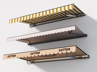 Outdoor Coffee Shop Awning With Yellow Stripes Beige Wave Edge And Coffee Print Design 3d model