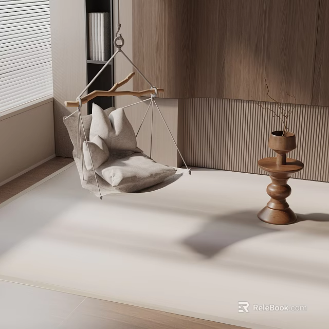 Modern Hanging Chair With Branch Frame White Cushion And Wooden Side Table In Cozy Interior 3d model 