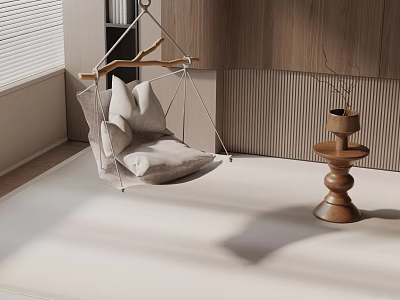 Modern Hanging Chair With Branch Frame White Cushion And Wooden Side Table In Cozy Interior 3d model