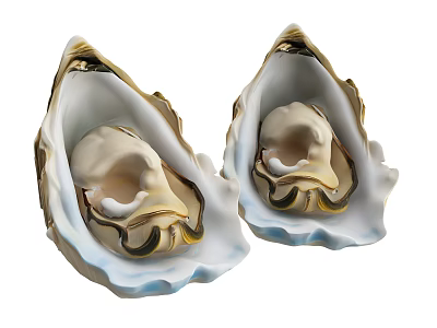 Two Beautiful Oysters in Shells with Golden Edges and White Interior 3d model