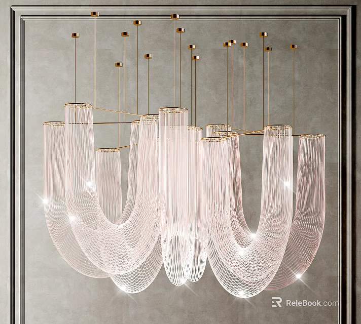 Modern Hanging Crystal Chandelier With Golden Suspension Rods And Transparent Design Elements 3d model 