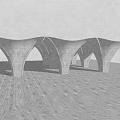 Modern Arched Concrete Pergola Structure With Natural Lighting And Stone Floor Near Trees