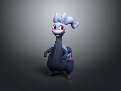 3D Animated Fantasy Creature Character With Blue Curly Ears Red Glowing Eyes Black Body Standing Posture 3d model