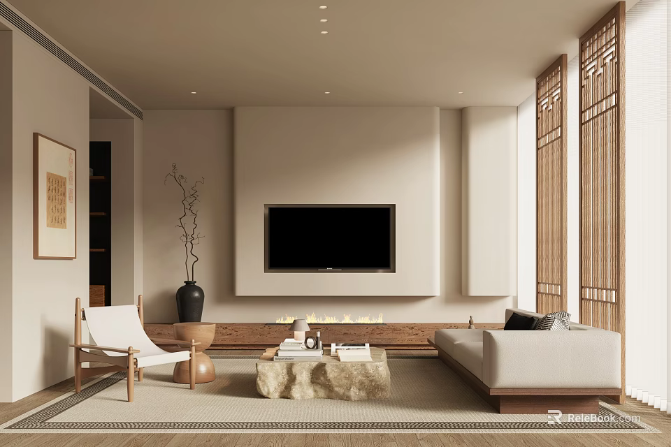 Modern Minimalist Living Room With TV Wall Wooden Sofa Coffee Table And Decorative Plant 3d model 