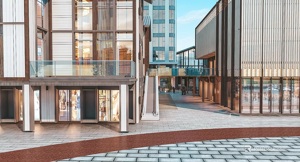 Modern Urban Commercial Street With Glass Facades And Pedestrian Walkway Shop Windows And Connecting Corridors 3d model 